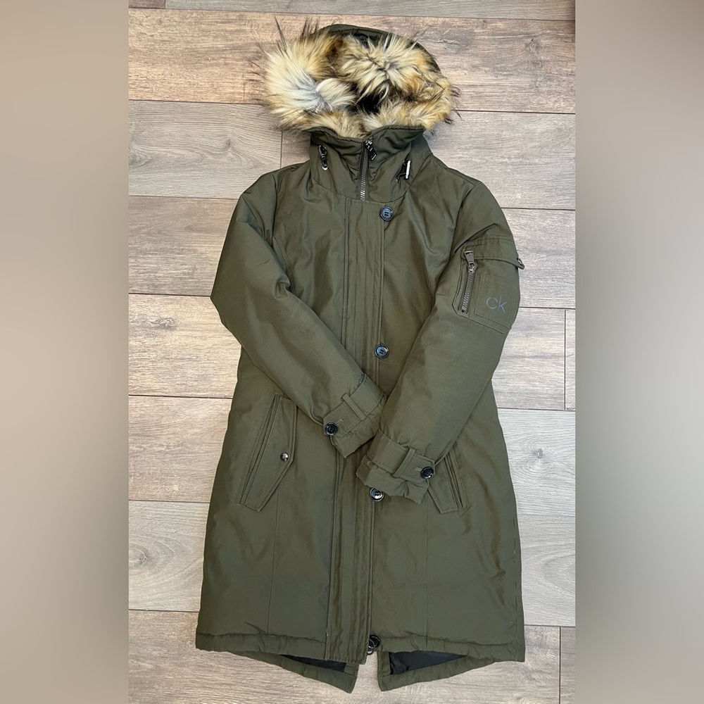 Calvin Klein Long Parka Coat Women’s S – Olive Green Faux Fur Hood Winter Jacket